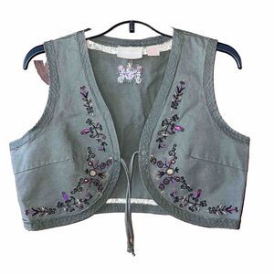Personal Identity Green Boho Hippie Embroidered Crop Vest Short Gilet XL